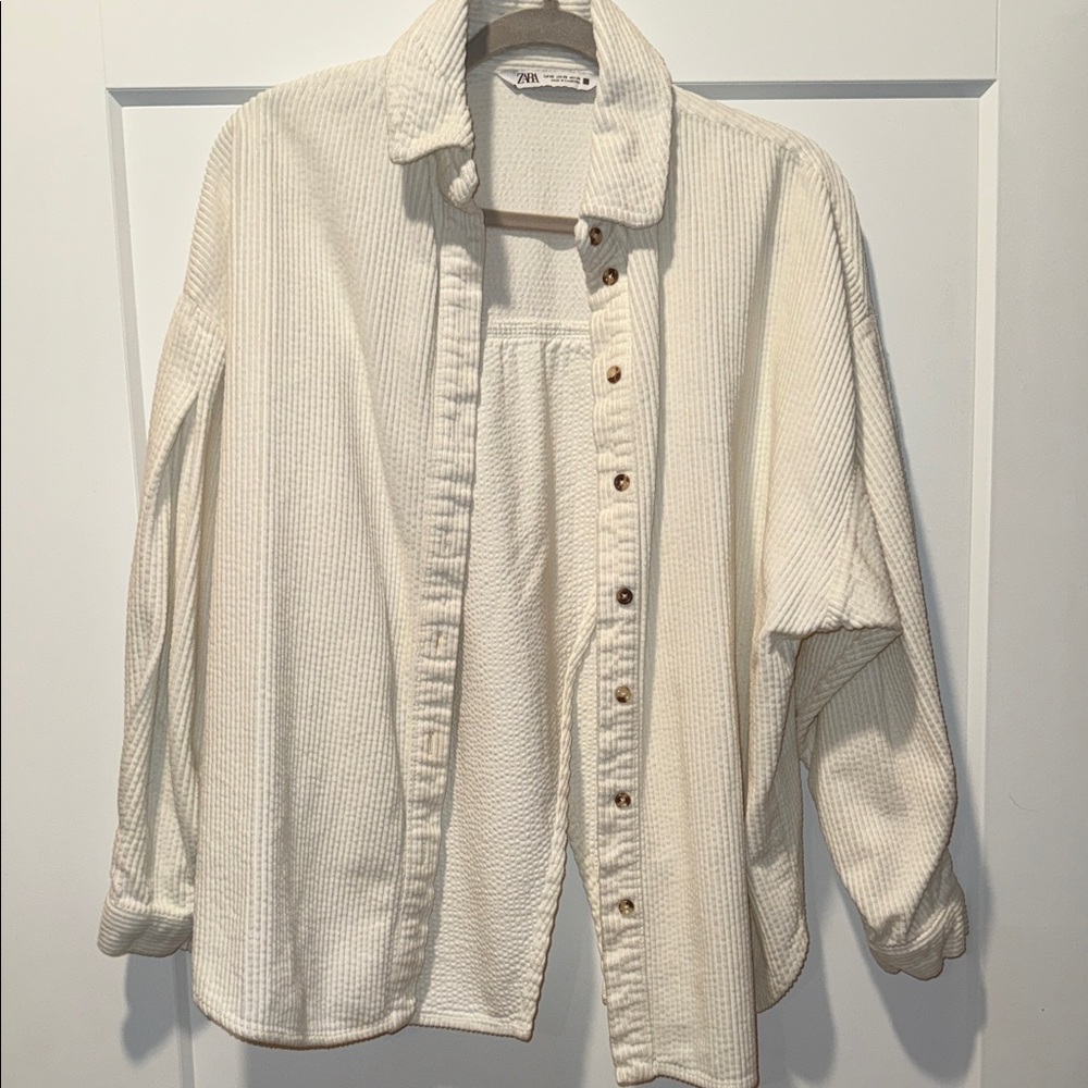 Zara Cream Textured Shirt with Wooden Buttons